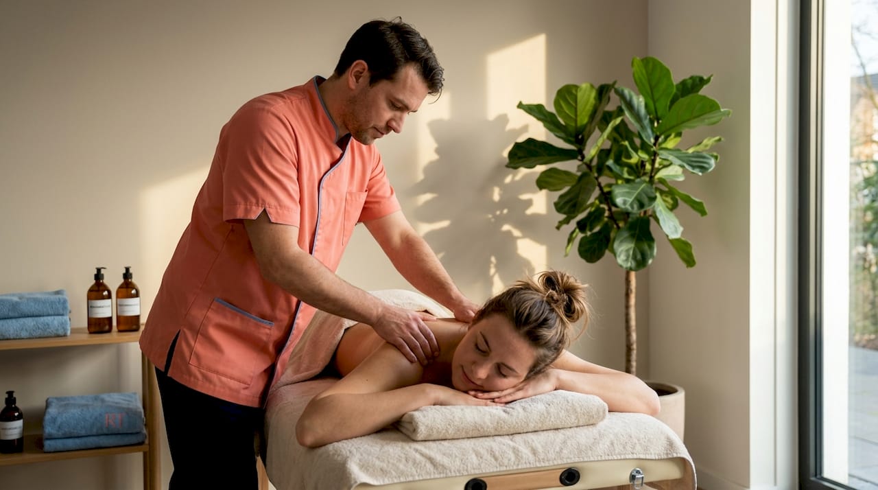 Ervaren masseur biedt complete rugmassage aan in een sfeervolle studio.