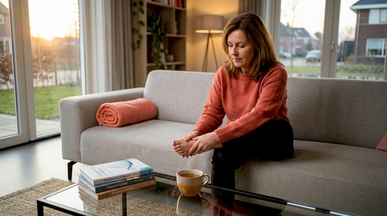 In haar rustige slaapkamer neemt een vrouw even de tijd om haar voeten te masseren.