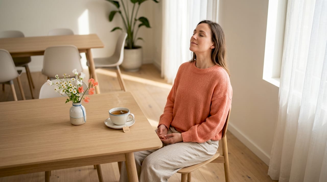 Een vrouw die thuis bezig is met ademhalingsoefeningen.