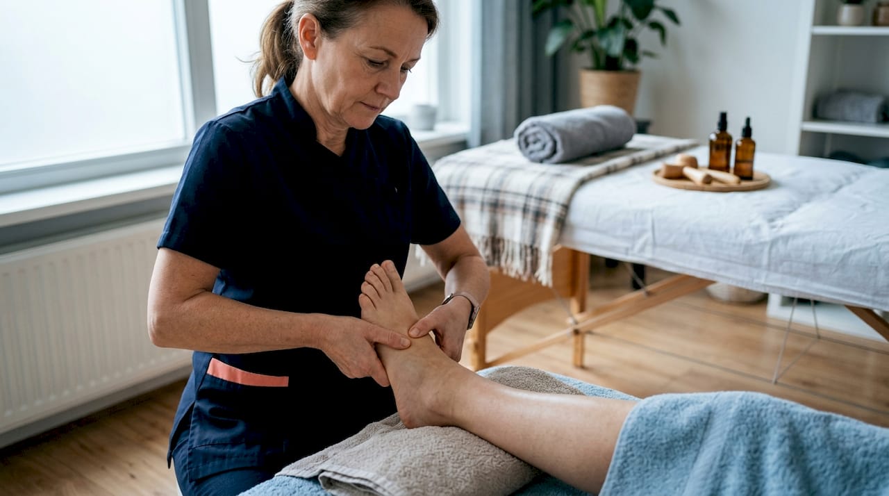 De therapeut geeft een ontspannende voetreflexmassage.