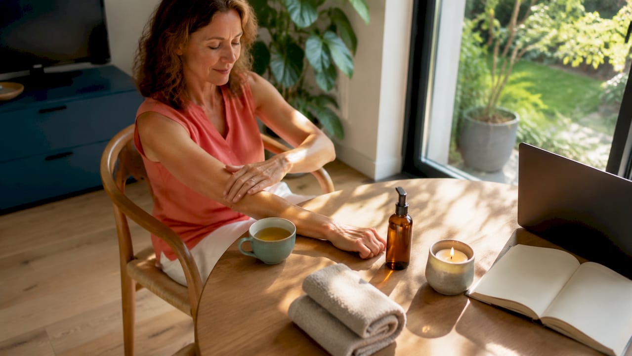 Een vrouw maakt zich klaar voor een ontspannende zelfmassage en pakt de olie erbij.