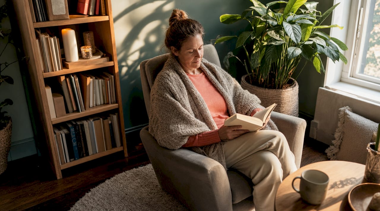 Een vrouw geniet van een ontspannen moment in een knusse loungehoek.