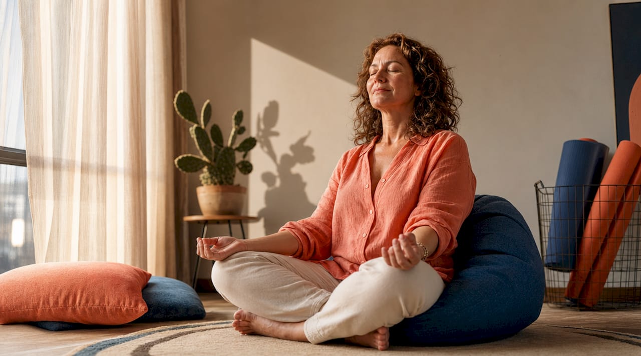 Vrouw neemt thuis even een momentje voor een korte meditatie