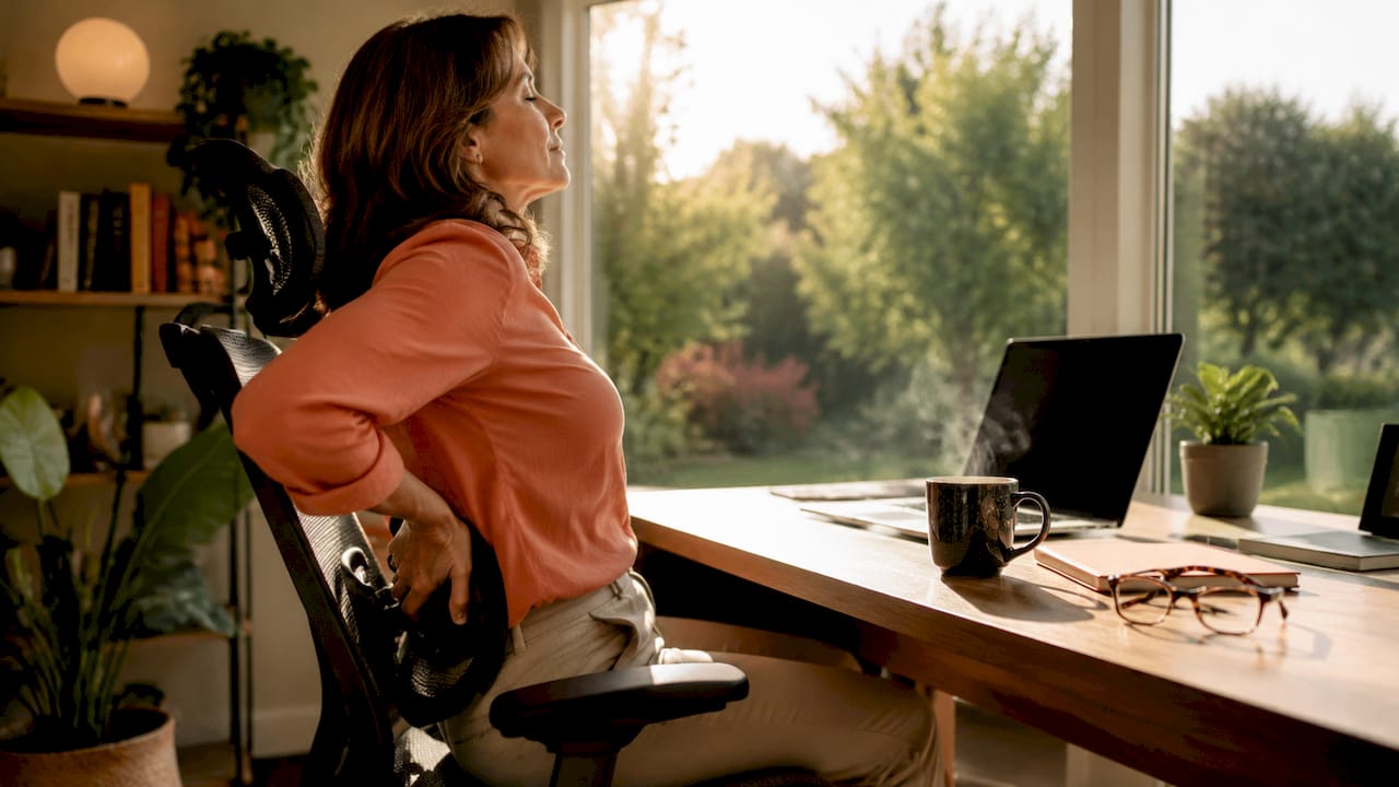 Een vrouw stelt de rugleuning van haar bureaustoel in op haar thuiskantoor.