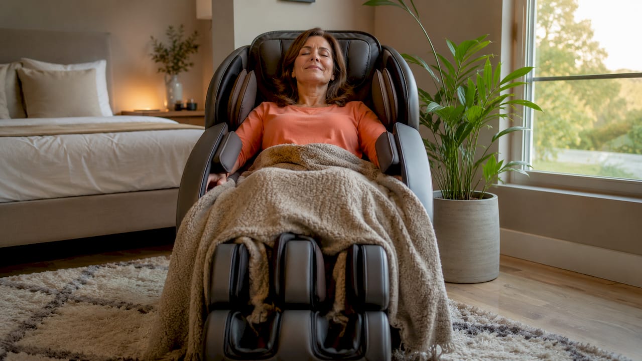 Vrouw geniet van een ontspannende luchtmassage in een comfortabele massagestoel