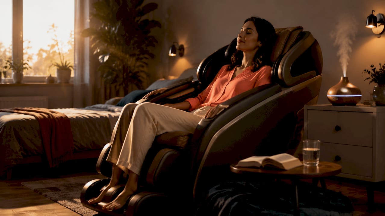Een vrouw geniet zichtbaar van een rustgevend moment in een massagestoel, terwijl de geur van een aroma diffuser de ruimte vult.