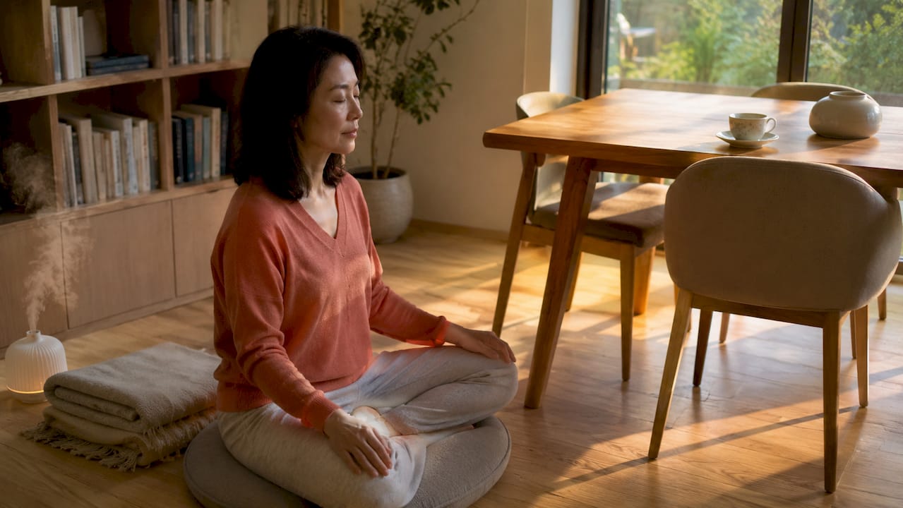 Een vrouw zit in haar woonkamer op een meditatiekussen en komt helemaal tot rust.