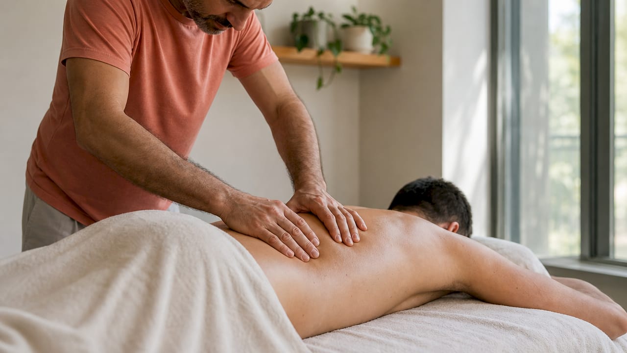 Een therapeut voert een stevige massage uit op de rug van een cliënt om dieperliggende spierknopen los te maken.