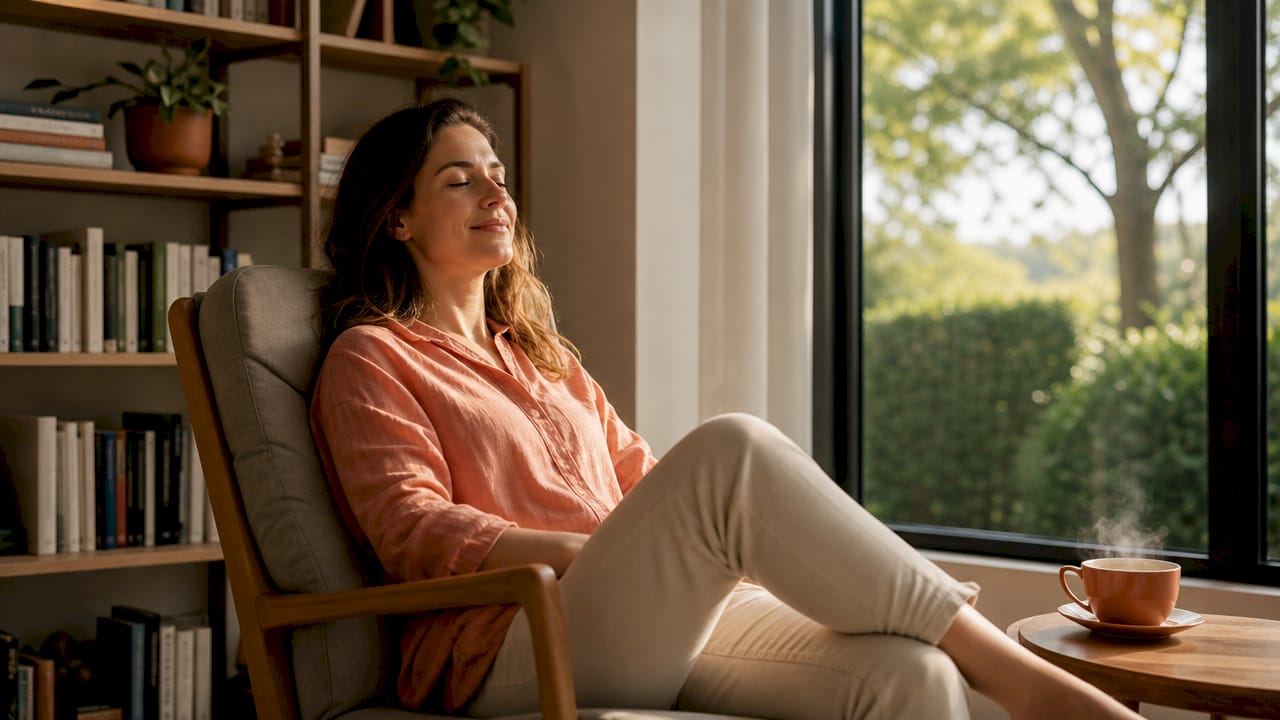 Een vrouw komt helemaal tot rust in een massagestoel in haar woonkamer.