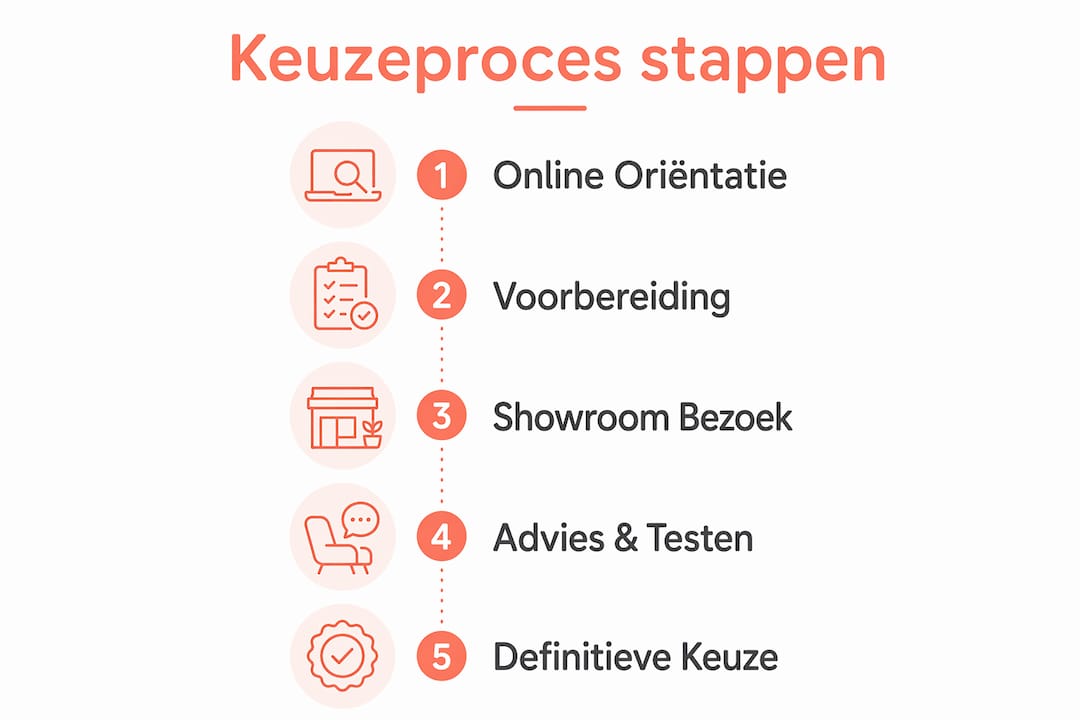 Overzichtelijke infographic met de verschillende stappen van het keuzeproces in de showroom