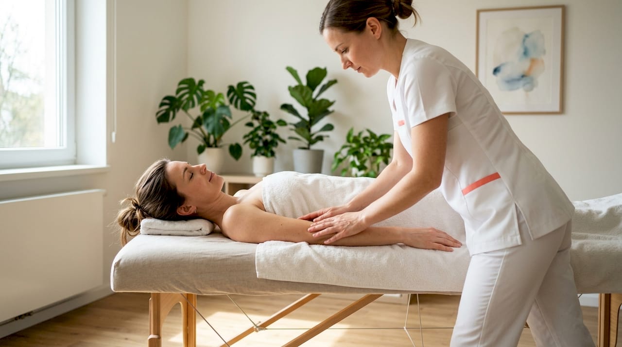 Een masseuse voert een zachte lymfedrainage massage uit op de arm.