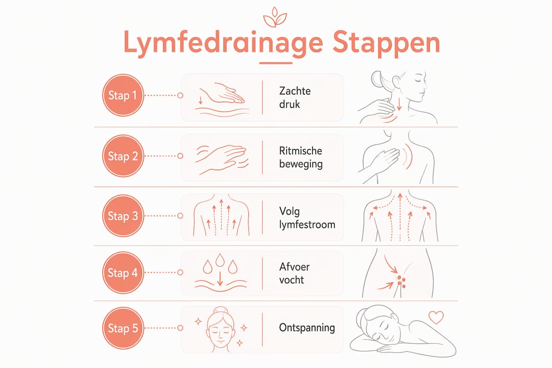 Overzichtelijke infographic met de verschillende stappen van een lymfedrainagemassage
