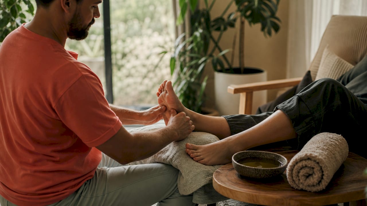 Een therapeut past voetreflextherapie toe om de voeten te behandelen.