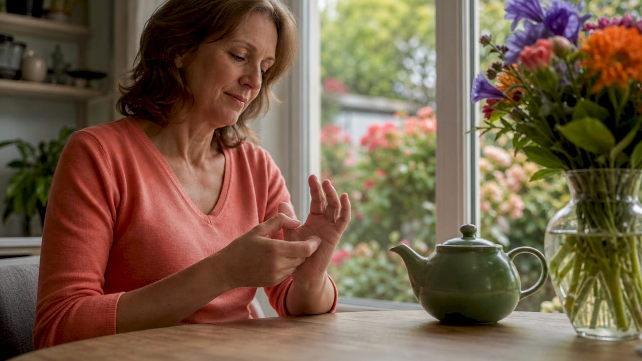 Een vrouw past thuis acupressuur toe op haar hand.