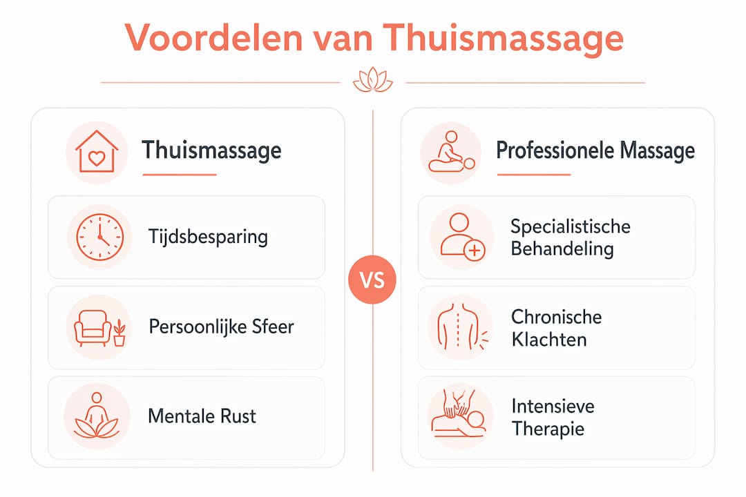 Infographic: de pluspunten van een massage aan huis versus een behandeling bij een professionele masseur
