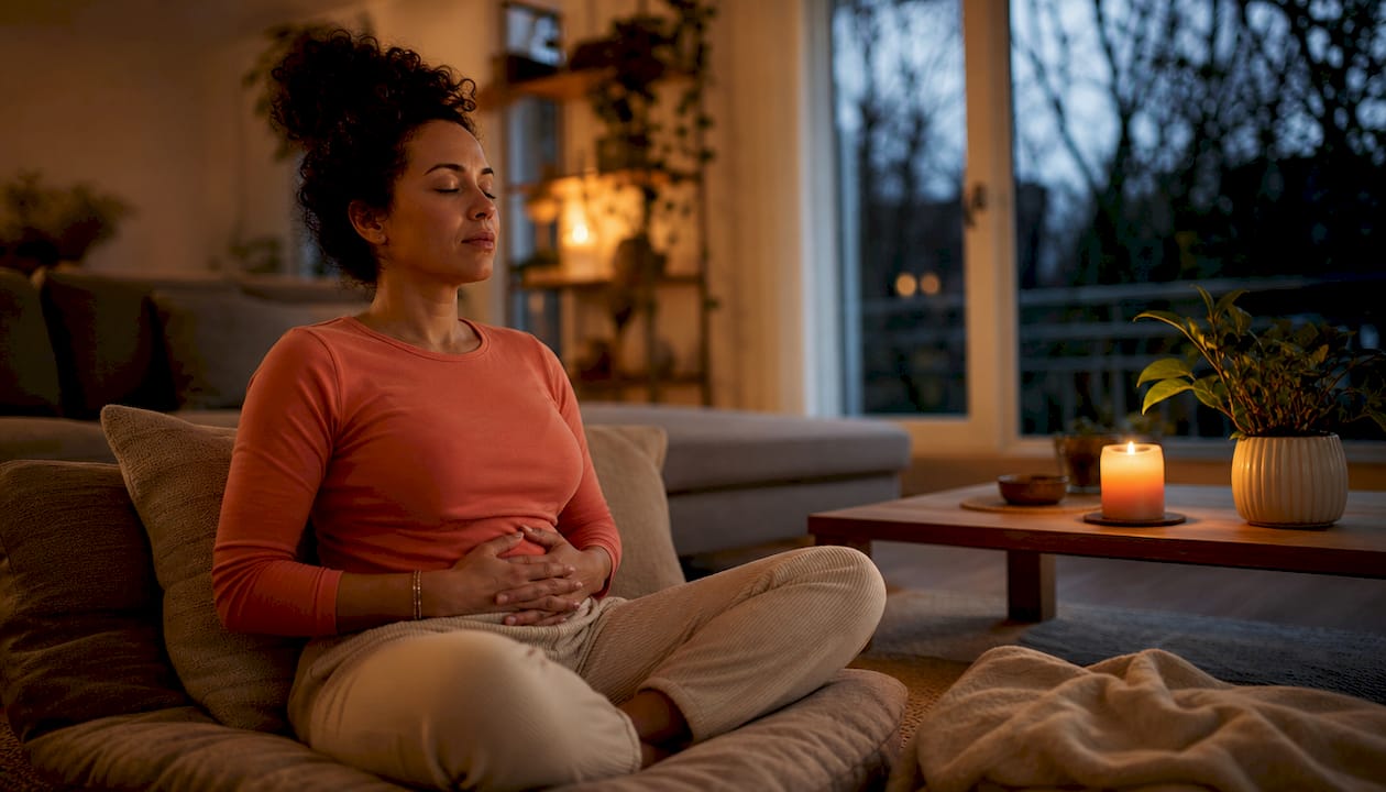 Een vrouw neemt thuis even de tijd om rustig ademhalingsoefeningen te doen.