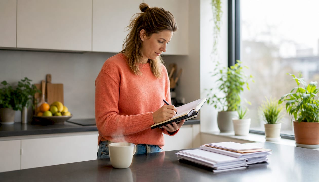Een vrouw zit thuis gefocust aan haar bureau en werkt aan haar planning voor de komende week.