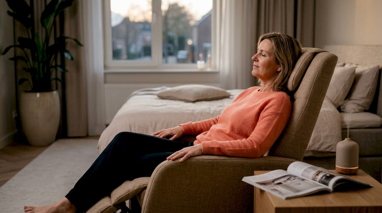 Een vrouw geniet thuis van een ontspannende massage in haar massagestoel.