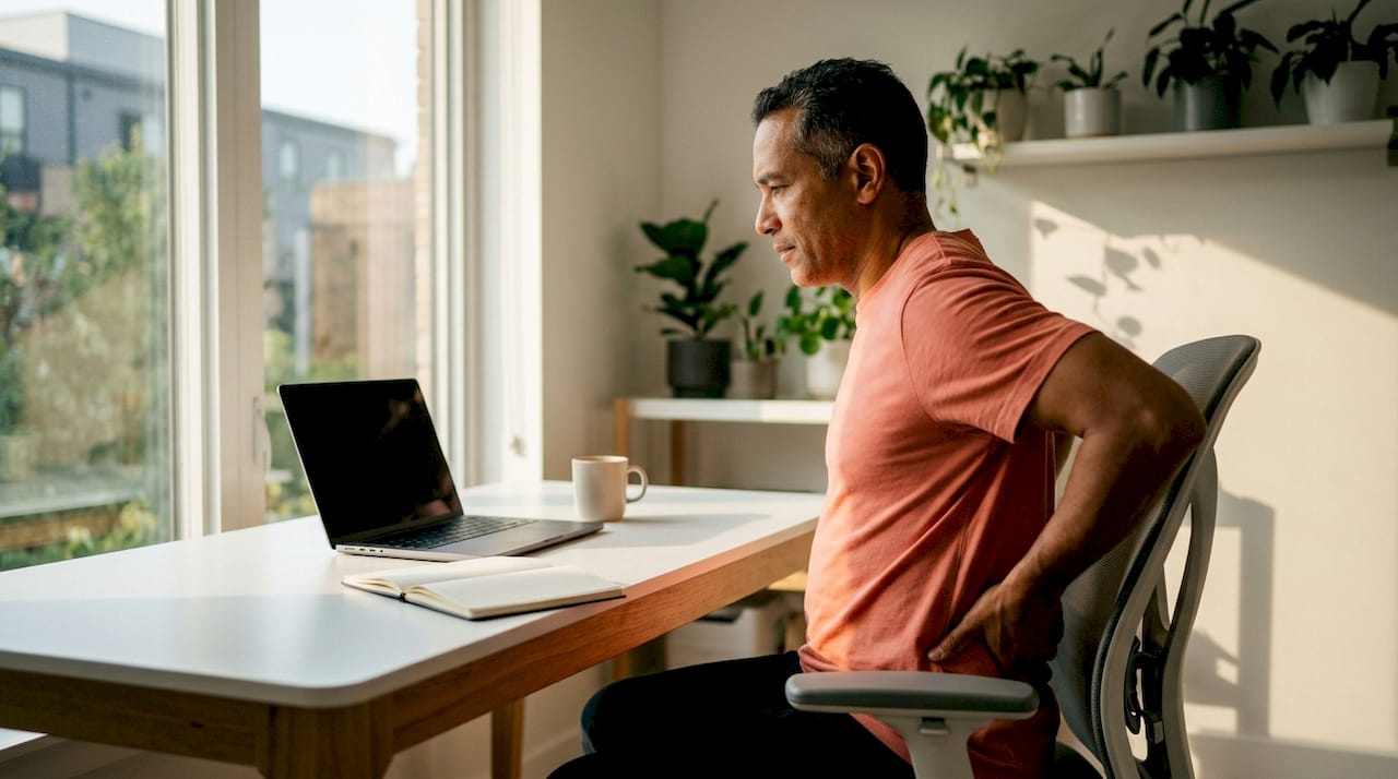 Een man stelt de hoogte van zijn bureaustoel bij om comfortabeler te zitten tijdens het werken op kantoor.