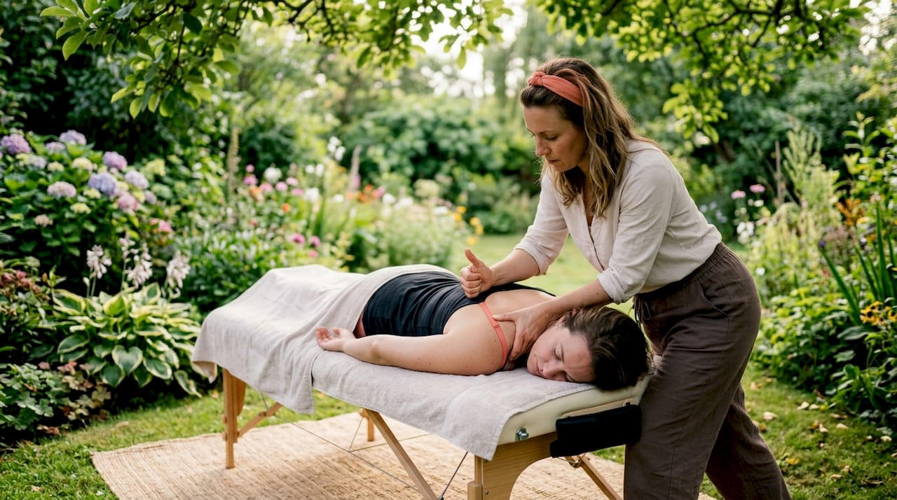 De therapeut voert een drukpuntmassage uit op de schouder.