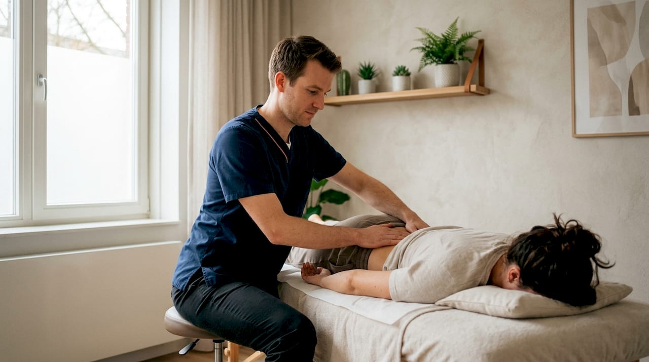 De fysiotherapeut geeft de patiënt een rugmassage.