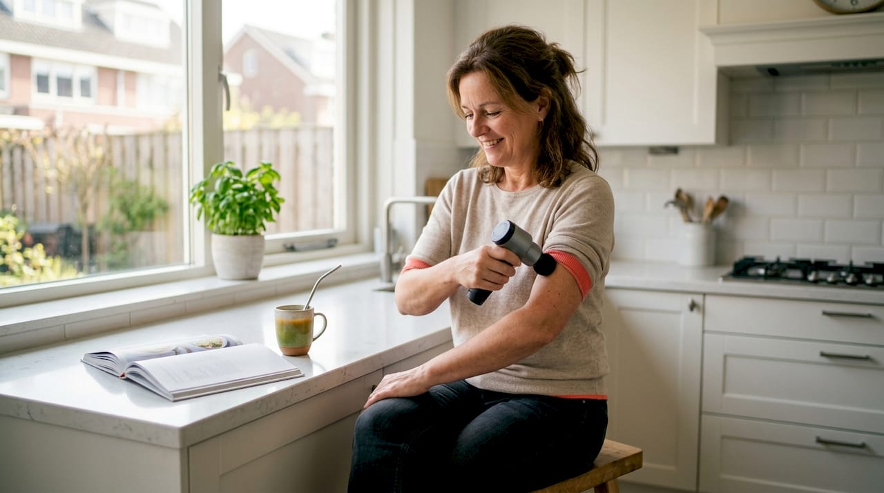 Een vrouw geniet thuis van een ontspannende vibratiemassage.