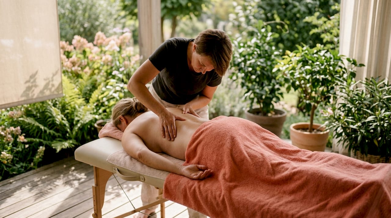 Een vrouw geniet van een professionele rugmassage in een speciaal ingerichte massageruimte.
