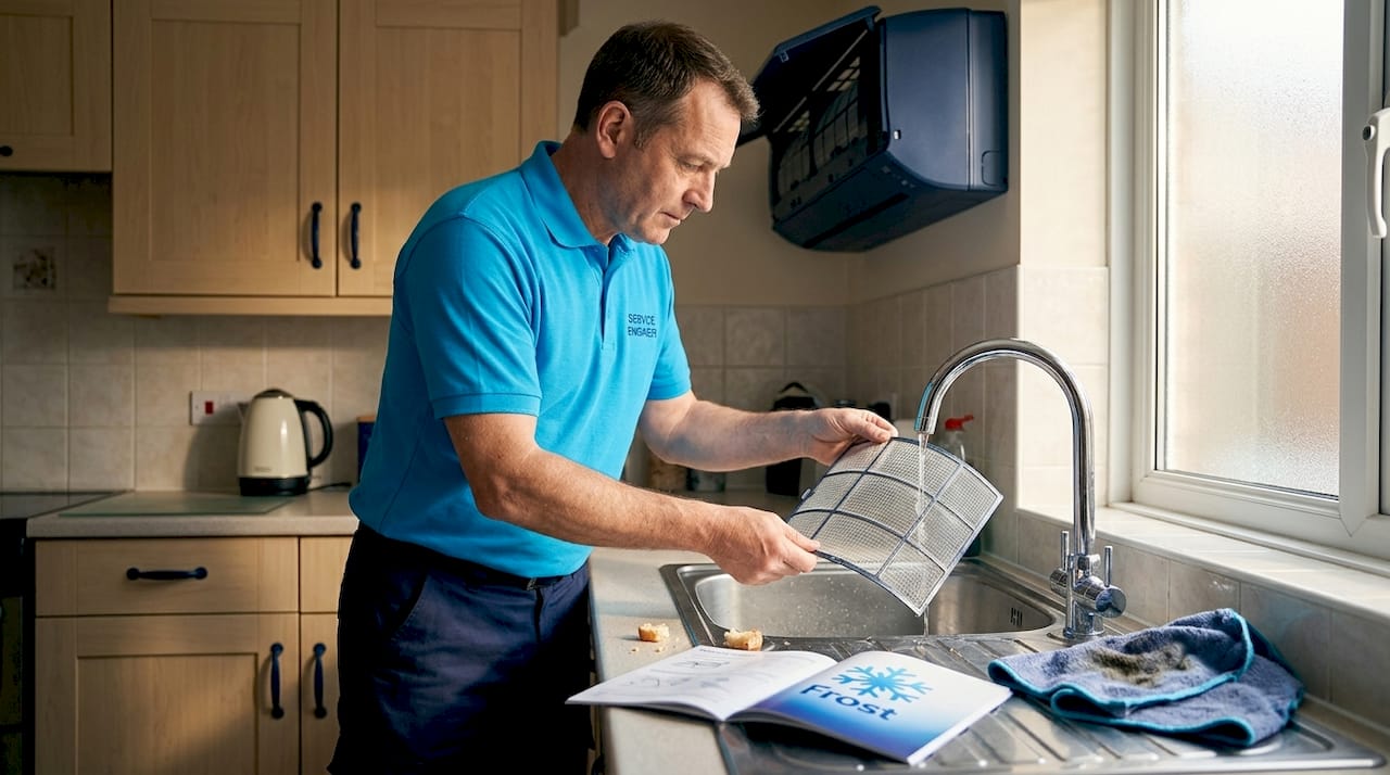 Cleaning air conditioning filter at kitchen sink