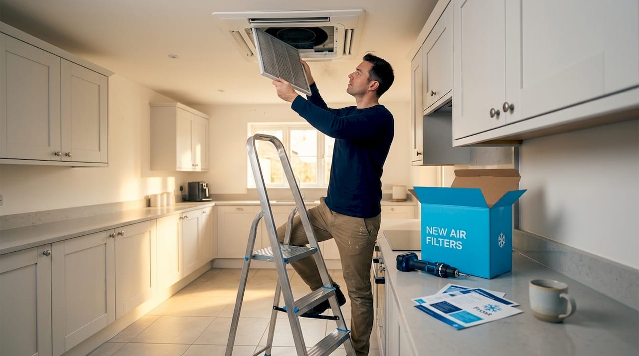 Homeowner replacing air conditioning filter