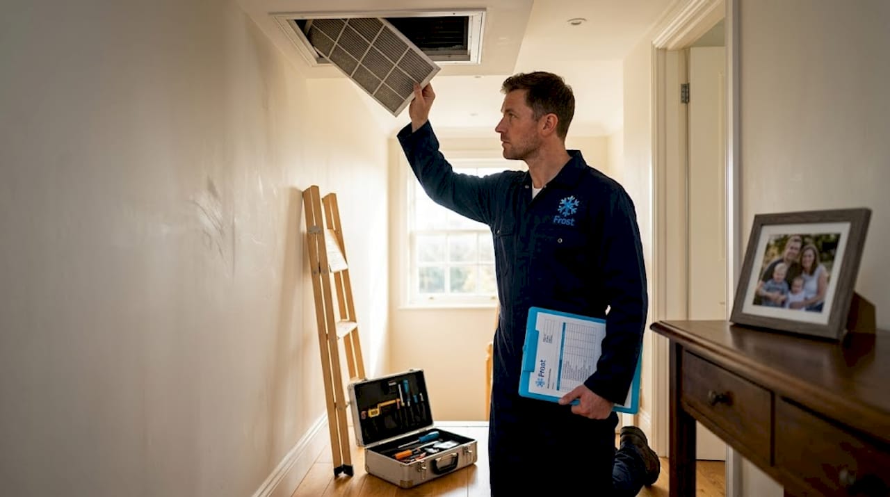 HVAC technician replacing home AC filter
