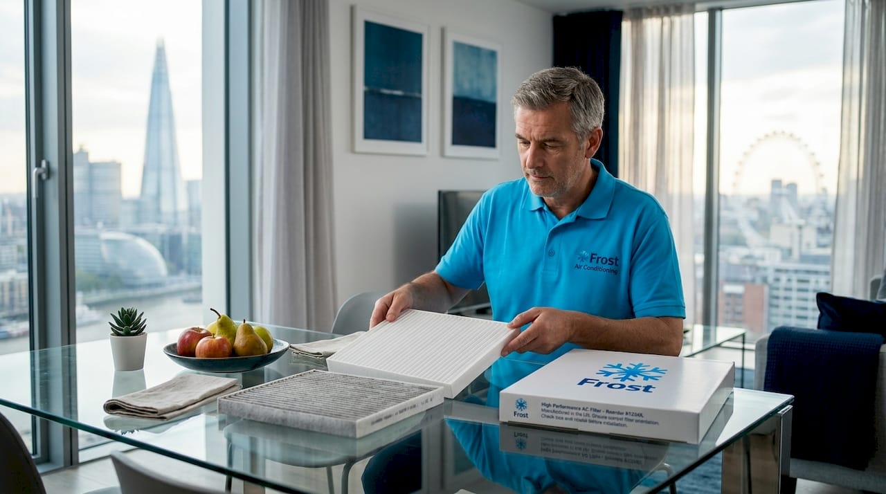 Man replacing air conditioner filter at home