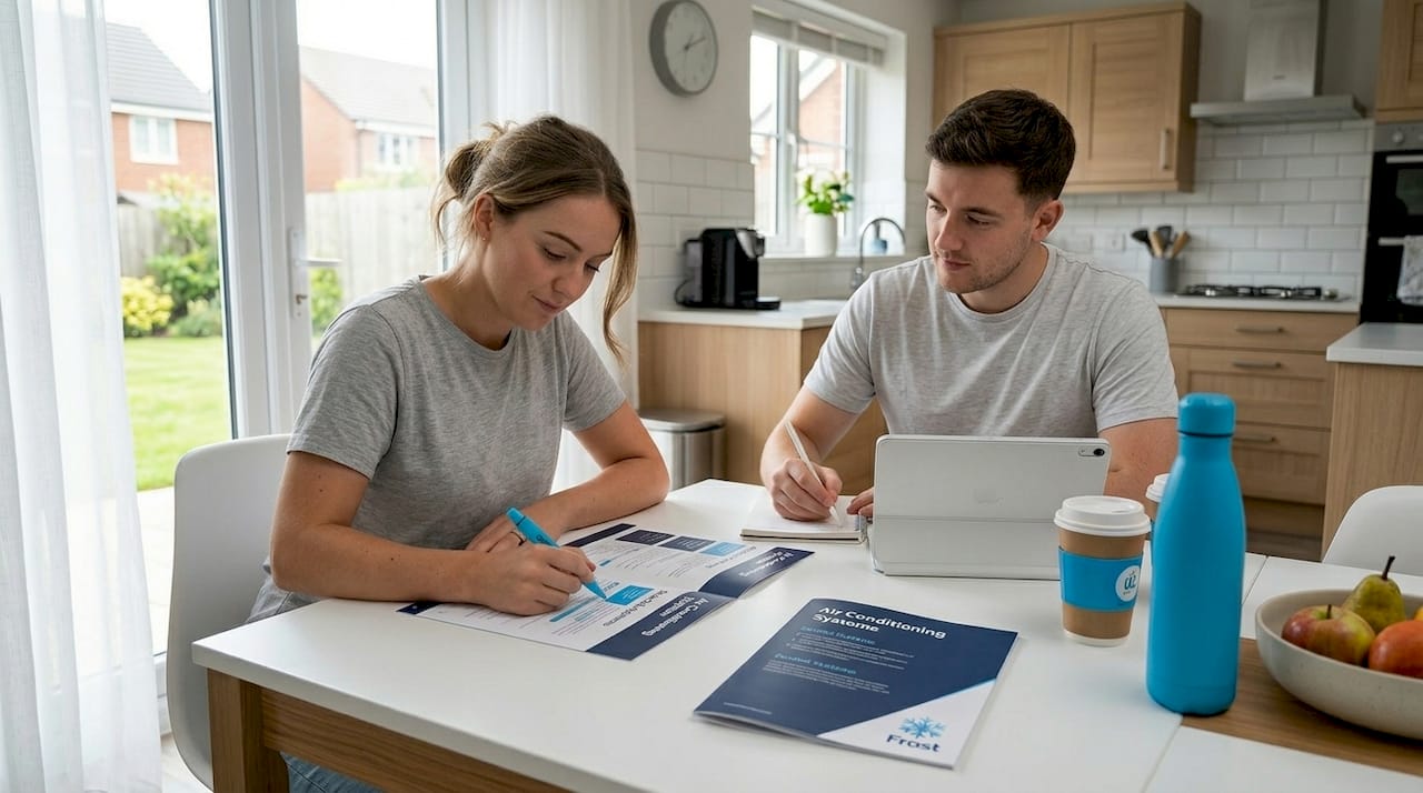 Couple comparing air conditioner types at kitchen table