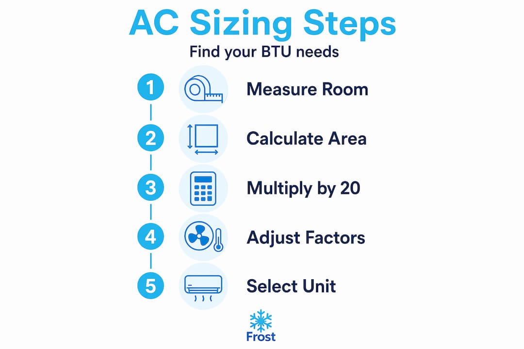 Vertical infographic showing five air conditioner sizing steps