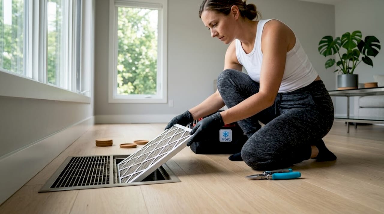 Person changing dusty AC air filter in hallway