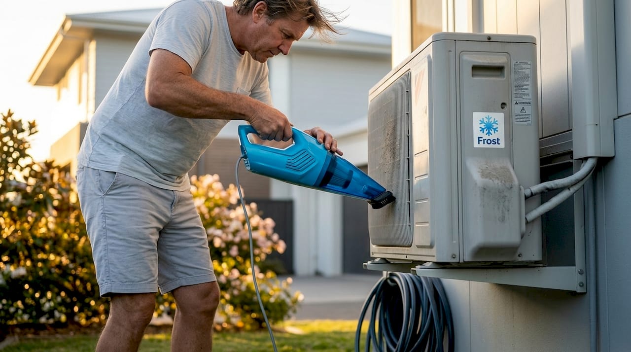 Homeowner cleaning outdoor AC unit filter