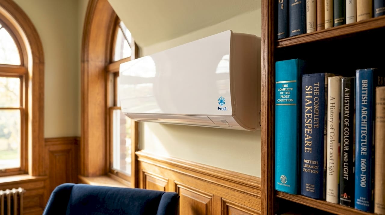 Ductless mini-split AC unit in heritage interior