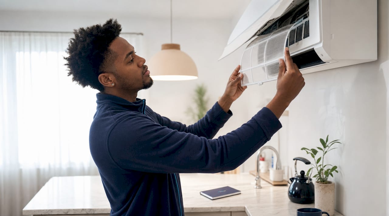 Man checking air conditioner filter in bedroom