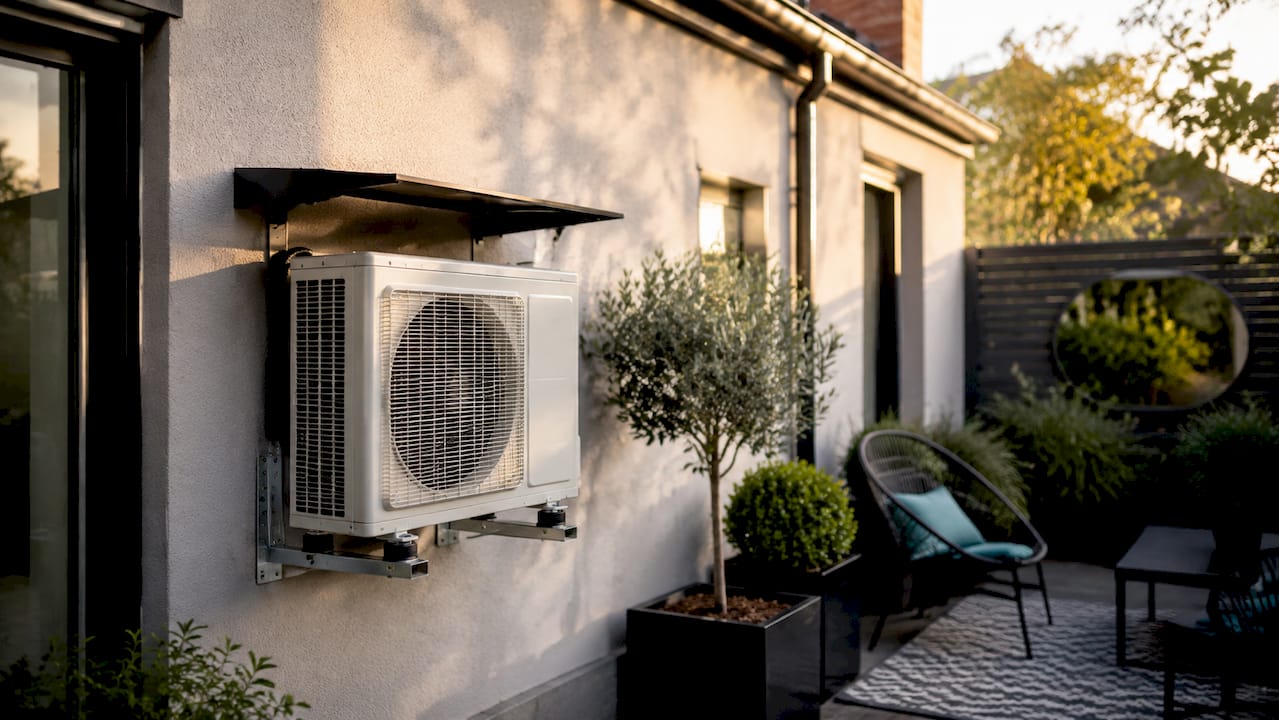 Outdoor air conditioning unit mounted on UK house wall