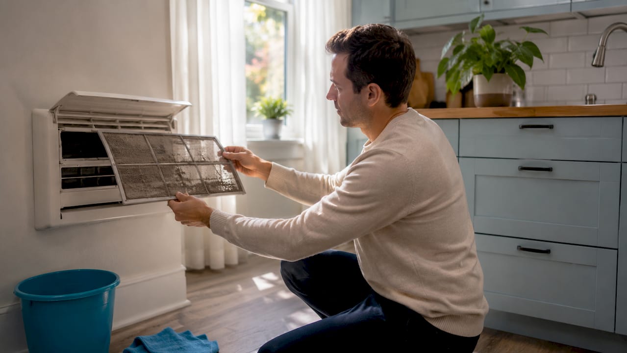 Hands removing dirty air conditioner filter