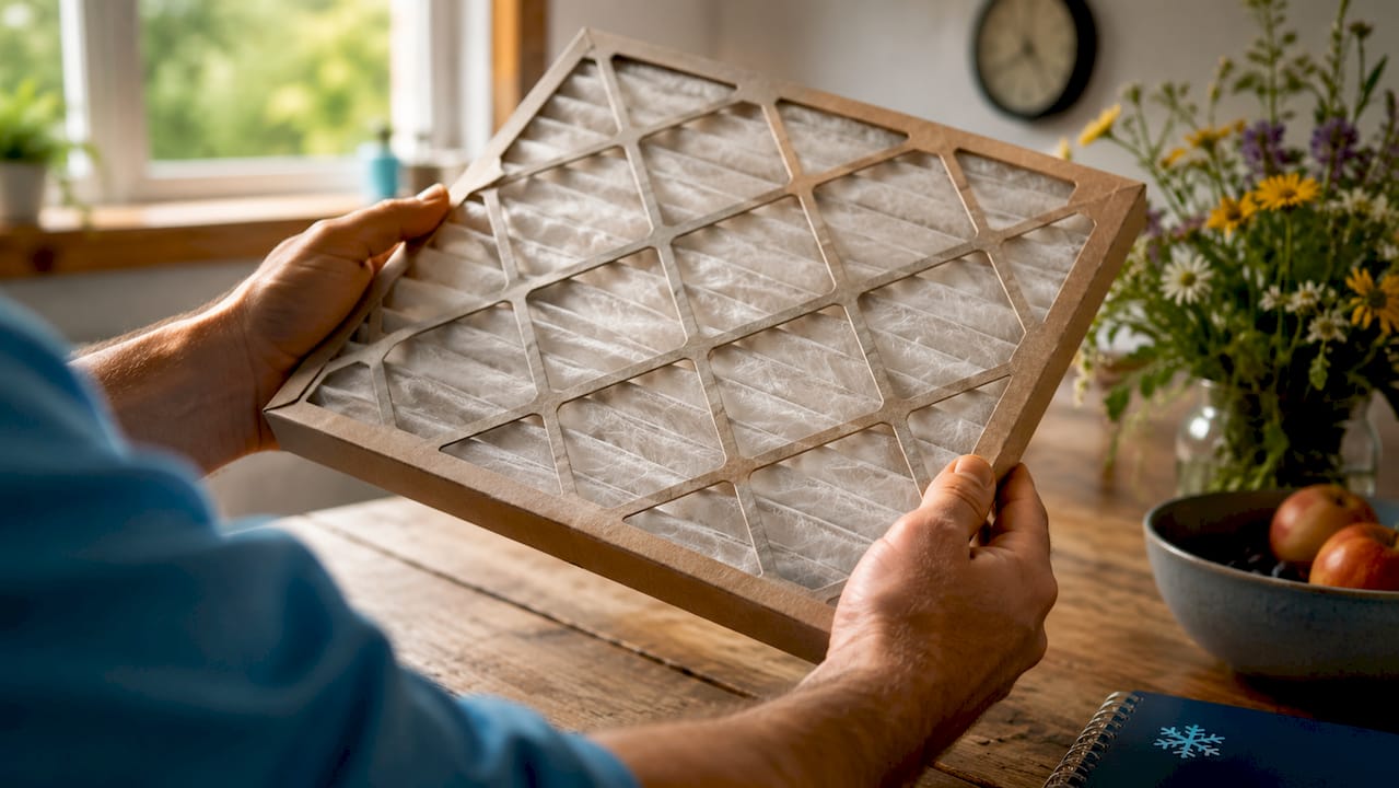 Close-up of hands holding fiberglass AC filter