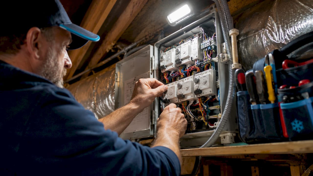 Hands inspecting HVAC zoning control panel