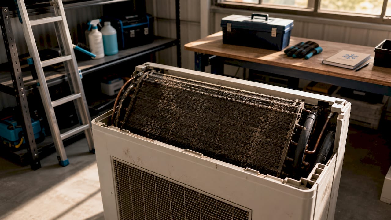 Close-up dusty evaporator coil and air filter