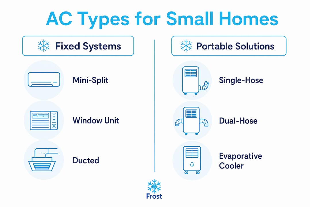 Infographic comparing fixed vs portable AC types for small homes