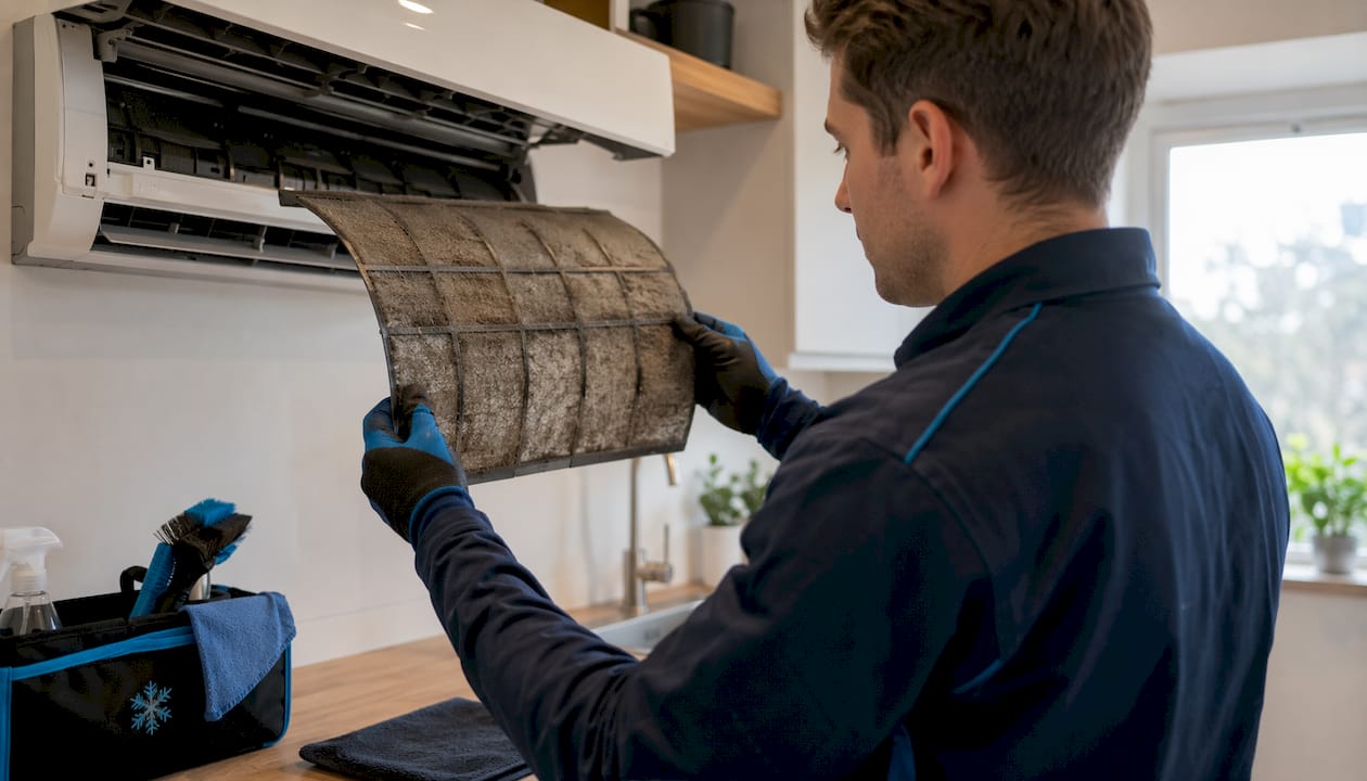 Technician cleaning clogged air filter