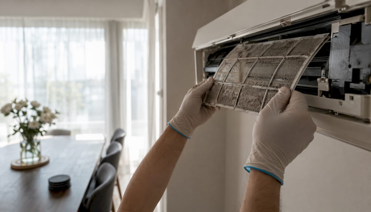 Hands removing dirty AC air filter indoors