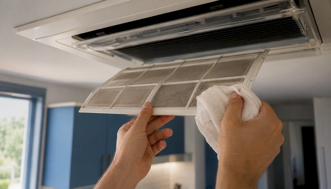 Hands removing air filter from indoor AC unit