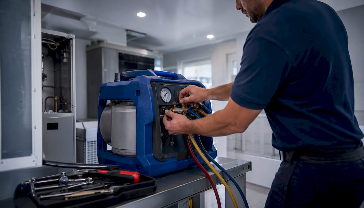 Installer connecting refrigerant recovery machine indoors
