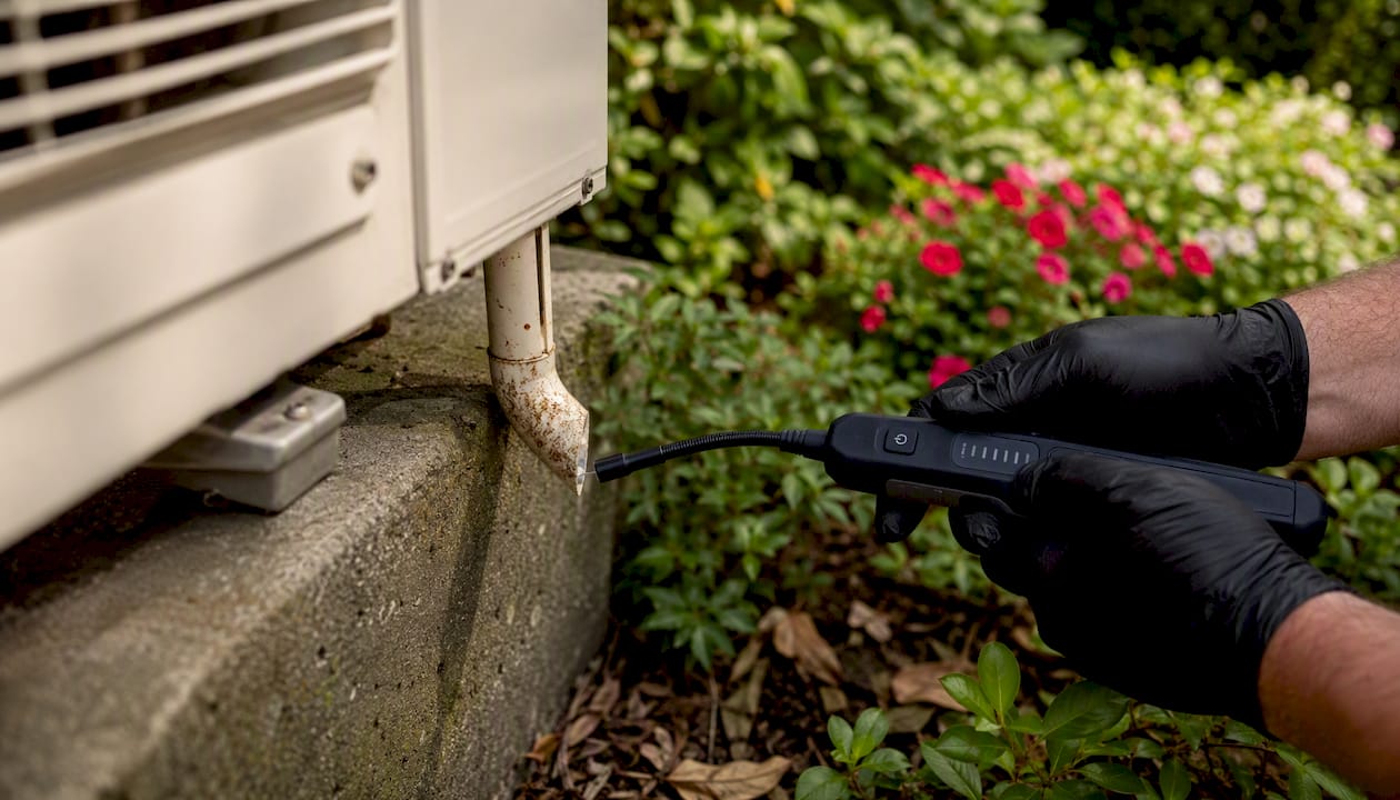 Close-up of leak detection tool on AC drain pipe