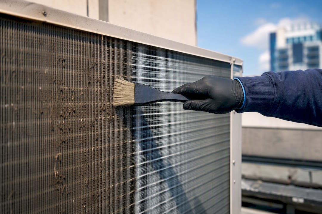 Partially cleaned AC condenser coil close-up