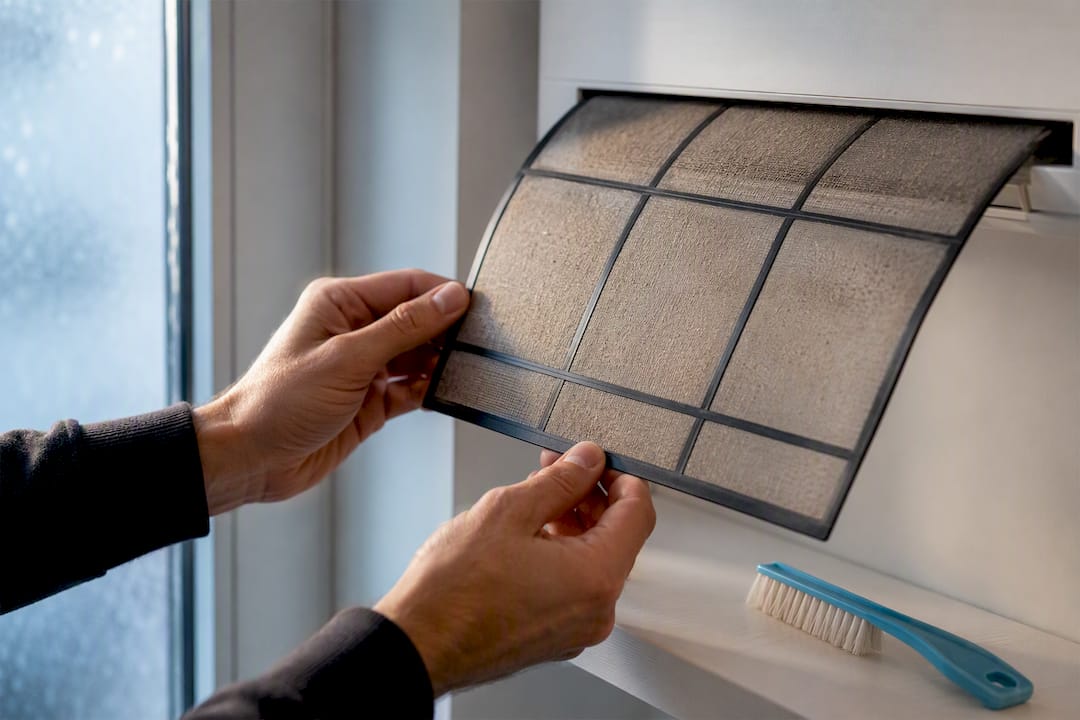 Hands removing an air conditioner filter